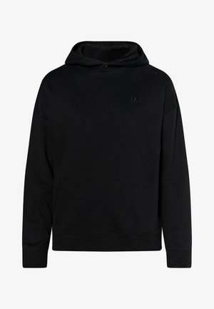 Juoda gobtuvinė striukė, pagaminta iš minkštos medžiagos, su kengūros kišene, raišteliu reguliuojamu gobtuvu ir siuvinėjimu ant krūtinės. Ilgos rankovės.