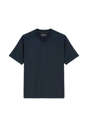 T-shirt bleu marine en coton doux, avec un col rond, des manches courtes et un détail de logo discret à l'avant. Design sans coutures.