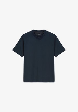 Navy blue t-shirt made from soft cotton, featuring a crew neck, short sleeves, and a subtle logo detail on the front. Seamless design.