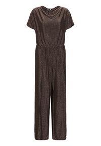 Fényes barna overál rövid ujjakkal, rugalmas derékkal és redőzött nyakkivágással. Simább textúra finom csillogással az egész felületen.
