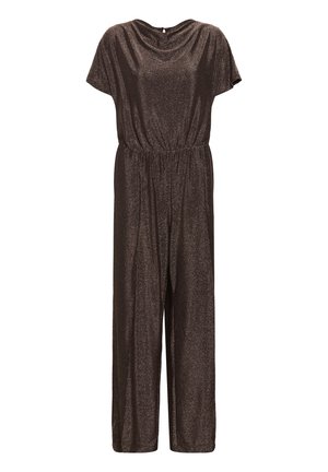 Fényes barna overál rövid ujjakkal, rugalmas derékkal és redőzött nyakkivágással. Simább textúra finom csillogással az egész felületen.
