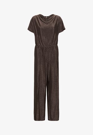 Heller brauner Jumpsuit mit kurzen Ärmeln, elastischem Bund und einem drapierten Ausschnitt. Glatte Textur mit einem subtilen Glitzern.