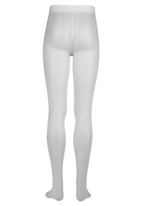 Collants blancs, transparents avec une texture lisse, à coupe longue et taille élastique. Dos sans coutures sans motifs ou accents visibles.