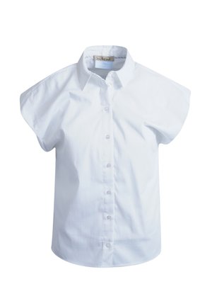 Short-sleeve white button-up shirt with collar and loose sleeves, displaying a label inside the collar.