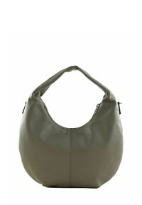 Sac à épaule en cuir vert doux avec une forme arrondie, une poignée incurvée et une fermeture éclair sur le dessus ; présente un design sans couture et des coutures discrètes.