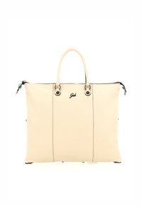 Borsa tote in pelle beige con due manici superiori, chiusura con zip, dettagli neri e logo. Texture liscia con cuciture verticali.