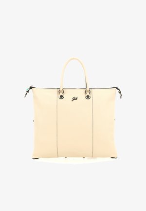 Borsa tote in pelle beige con due manici superiori, chiusura con zip, dettagli neri e logo. Texture liscia con cuciture verticali.