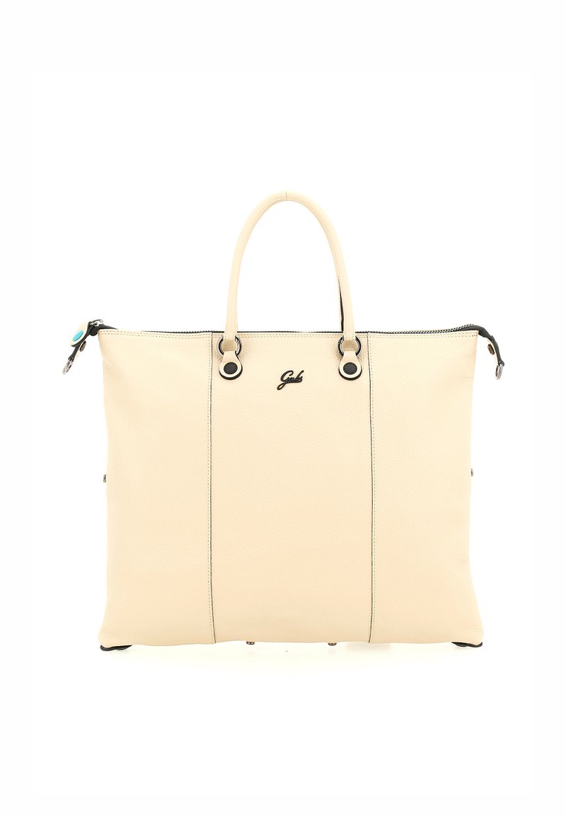 Borsa tote in pelle beige con due manici superiori, chiusura con zip, dettagli neri e logo. Texture liscia con cuciture verticali.