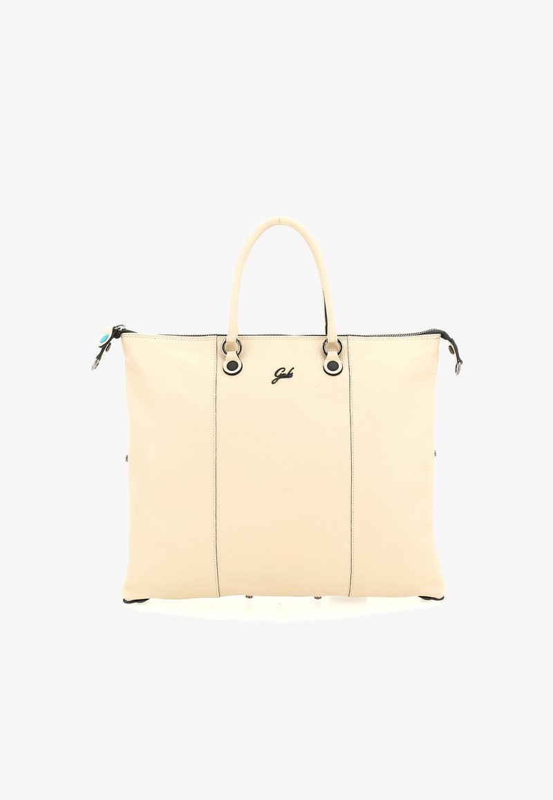 Borsa tote in pelle beige con due manici superiori, chiusura con zip, dettagli neri e logo. Texture liscia con cuciture verticali.