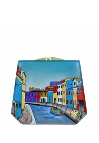 Leren muntenportemonnee met een kleurrijk kanaalbeeld waarop huizen in blauw, geel, rood en oranje staan; gouden sluiting; vlakke, rechthoekige vorm.