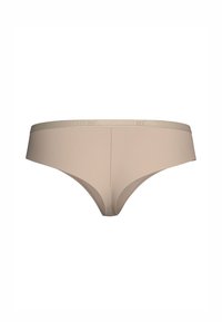 Beige damunderkläder med en smidig tygkvalitet, låg midje-design och en mjuk, elastisk midjeresår. Minimalistisk stil, inga synliga sömmar eller mönster.