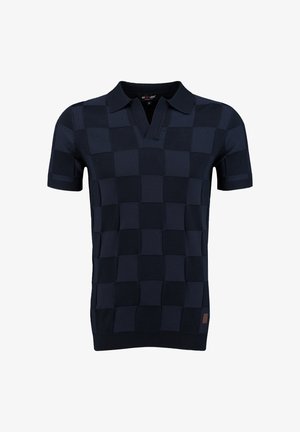 Marineblaues Polohemd mit kurzem Ärmel, strukturiertem kariertem Muster und offenem Kragen, kleines braunes Logotag am Saum.