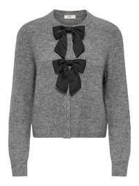Gray knitted cardigan with a rounded neckline and front button closure, featuring two black satin bows as accents on the chest.