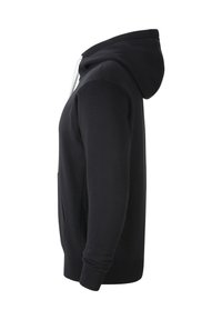 Schwarzer Hoodie mit einer Fronttasche, langen Ärmeln und einer Kapuze mit weißen Kordeln. Der Stoff wirkt glatt und elastisch.