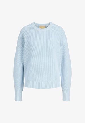 Light blue knitted sweater with a round neckline, dropped shoulder seams, and ribbed cuffs and hem, featuring a textured pattern.