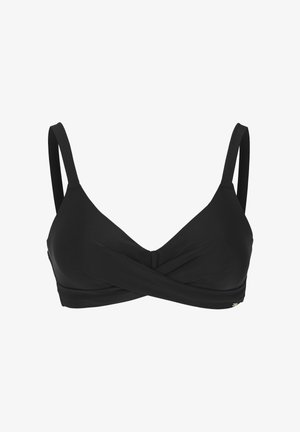 Zwarte bikinitop met gedraaide stof aan de voorkant en verstelbare schouderbandjes, weergegeven op een witte achtergrond.