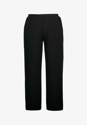 Zwarte rekbare taillebroek met rechte pijpen en zijzakken, gemaakt van gladde stof.