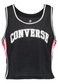 Svart mesh-topp med vit "CONVERSE" text, med rosa sidodelar och rundad halsringning. Tyget har en andningsbar textur.