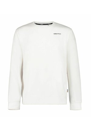 Vit långärmad sweatshirt i mjukt tyg med rund halsringning, med en liten svart logotyp på bröstet och ribbade ärmmuddar.