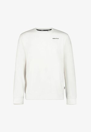 Biała bluza z długim rękawem, wykonana z miękkiego materiału, z okrągłym dekoltem, z małym czarnym logo na piersi oraz ściągaczami na rękawach.