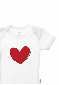 White baby onesie made of cotton, featuring a large red heart graphic and the text "Cutest little human" in black on the front.