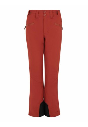 Pantalones exteriores rojos con una textura suave, que cuentan con dos bolsillos con cremallera, piernas inferiores reforzadas en negro y cintura ajustable con doble botón.