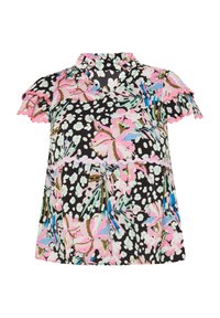 Blusa nera a fiori con maniche corte a volant, colletto e una combinazione di motivi floreali e a pois in rosa, blu e verde.