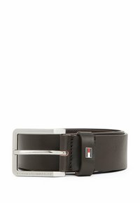 Brown leather belt with a silver rectangular buckle. Features a smooth texture and subtle branding detail with a colored logo accent.