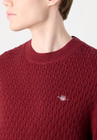 Burgundin neulepaita, jossa on tekstuuripinta, pyöreä pääntie ja pieni logoembleemi rinnassa. Pehmeä kangas ribattu kaula-aukko.