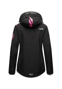 Black softshell jacket with pink accents, hood, zipper cuffs, and "Marikoo Mountain" logo on upper back and left sleeve.