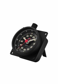 Minuteur en quartz noir avec un cadran rond, des accents rouges, des marquages blancs et un boîtier noir texturé. Comprend un support pour affichage sur table.