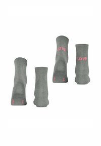 Grau Baumwollsocken mit geripptem Muster, mit "LOVE" in Pink an den Seiten bedruckt. Erhältlich in verschiedenen Größen, gekennzeichnet an der Knöchel.