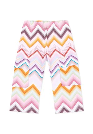 Pantaloni colorati con motivo a zigzag, gambe larghe e due grandi tasche cargo laterali.