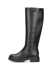 Botas negras hasta la rodilla hechas de cuero texturizado, con punta redonda y suela de goma gruesa, diseñadas para durabilidad y comodidad.
