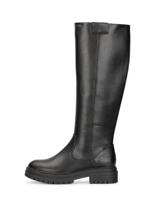 Stivali neri al ginocchio realizzati in pelle testurizzata, caratterizzati da una punta rotonda e una suola in gomma spessa, progettati per durabilità e comfort.