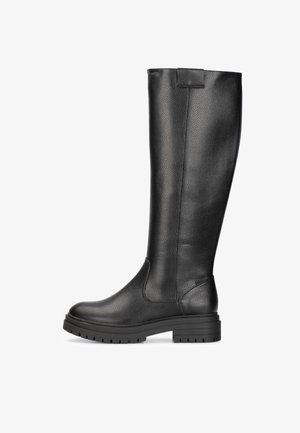 Bottes noires montant jusqu'aux genoux en cuir texturé, avec un bout rond et une semelle en caoutchouc épaisse, conçues pour la durabilité et le confort.