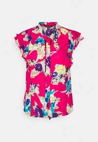 Halenka s křídlovými rukávy v živé růžové barvě s květinovým vzorem v modré, zelené, žluté a fialové. Má přední légu a je vyrobena z lehkého materiálu.