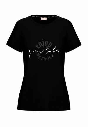 T-shirt nera aderente a maniche corte con la scritta "enjoy your life by Liu Jo" stampata al centro davanti in caratteri misti.
