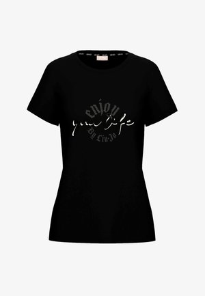 T-shirt nera aderente a maniche corte con la scritta "enjoy your life by Liu Jo" stampata al centro davanti in caratteri misti.