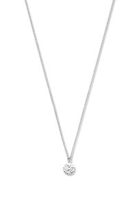 Zilveren ketting met een getextureerde ronde hanger, met een gepolijste afwerking en intricate schakels.