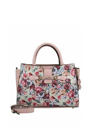 Torebka z różowymi uchwytami i kwiatowym wzorem w odcieniach różu, fioletu i bieli, z metalowym logo "Laura Vita" i odpinanym paskiem na ramię.