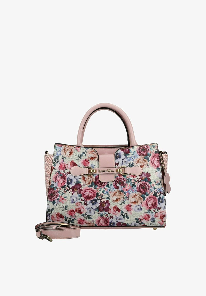 Sac à main avec poignées roses et motif floral dans des nuances de rose, violet et blanc, avec logo métallique « Laura Vita » et bandoulière amovible.