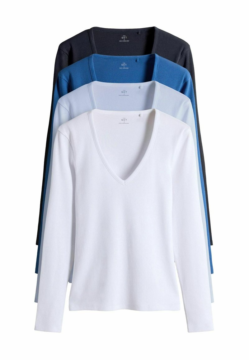 Vier langärmelige V-Ausschnitt-Shirts in Weiß, Hellblau, Dunkelblau und Schwarz. Texturiertes Gewebe mit geripptem Design und geradem Saum.