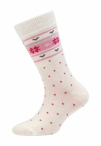 Cremfarbene Socke mit pinken und grauen Schneeflocken- und Herzmustern sowie kleinen pinken Punkten, die über den Stoff verteilt sind.