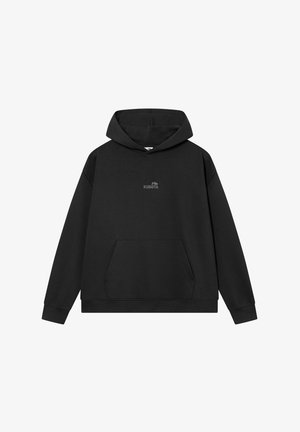 Hoodie noir en mélange de coton. Comprend une poche kangourou, des poignets côtelés, des coutures latérales et un petit logo sur la poitrine.
