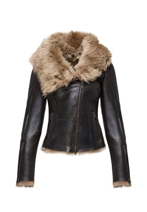 Black leather jacket with a wide faux fur collar in light brown. Features long sleeves, zip front, and fur accents at the hem and cuffs.
