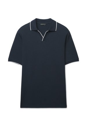 Marineblaues Poloshirt mit strukturiertem Stoff, kurzen Ärmeln, V-Ausschnitt und weißen Zierstreifen an Kragen und Ärmelabschlüssen.