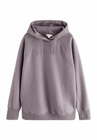Sweat à capuche violet avec une coupe décontractée, des poignets et un ourlet côtelés, et des cordons de serrage, fabriqué en tissu doux avec une texture lisse.