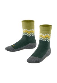 Grüne und graue Socken mit einem gerippten Bündchen, das ein Zickzackmuster in Oliv und Gelb aufweist. Weicher Stoff mit verstärkter Spitze und Ferse.