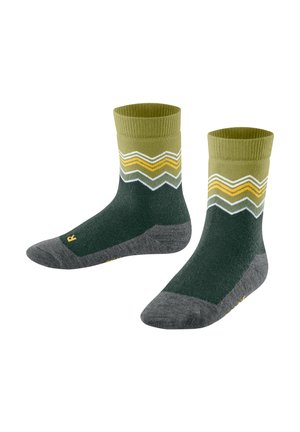 Grüne und graue Socken mit einem gerippten Bündchen, das ein Zickzackmuster in Oliv und Gelb aufweist. Weicher Stoff mit verstärkter Spitze und Ferse.